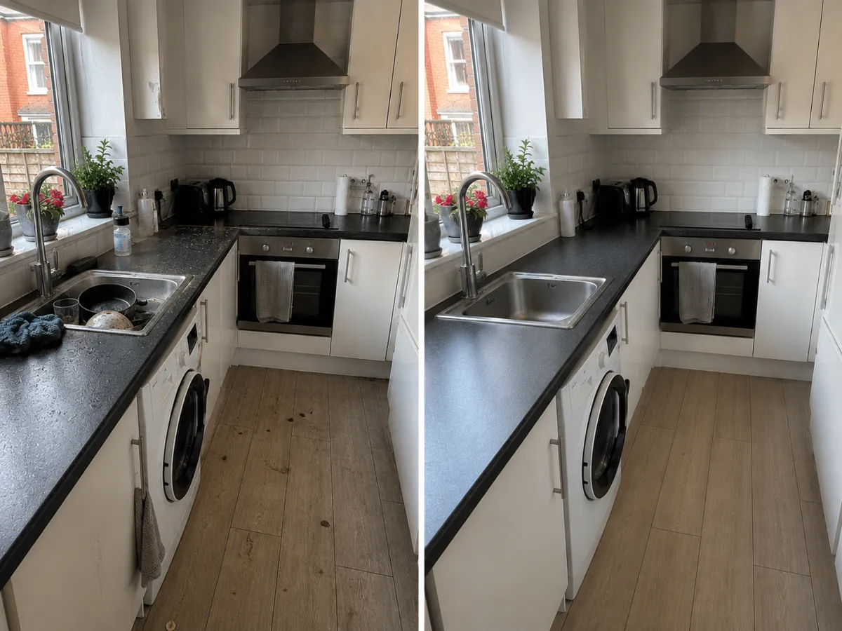 Kitchen before and after a Deposit Saver end of tenancy clean in Bedminster, Bristol
